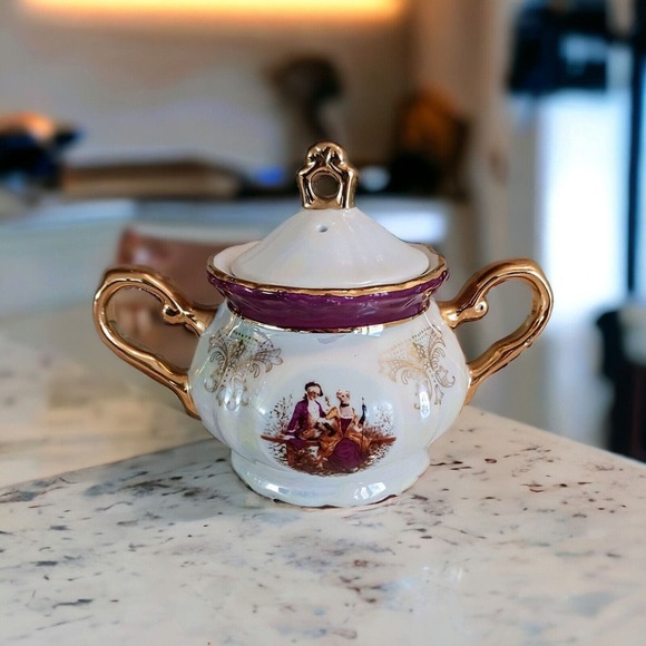 GNA Fine Porcelain Sugar Bowl w Lid 24k Hand Painted Victorian Iridescent Vintag - Picture 8 of 11